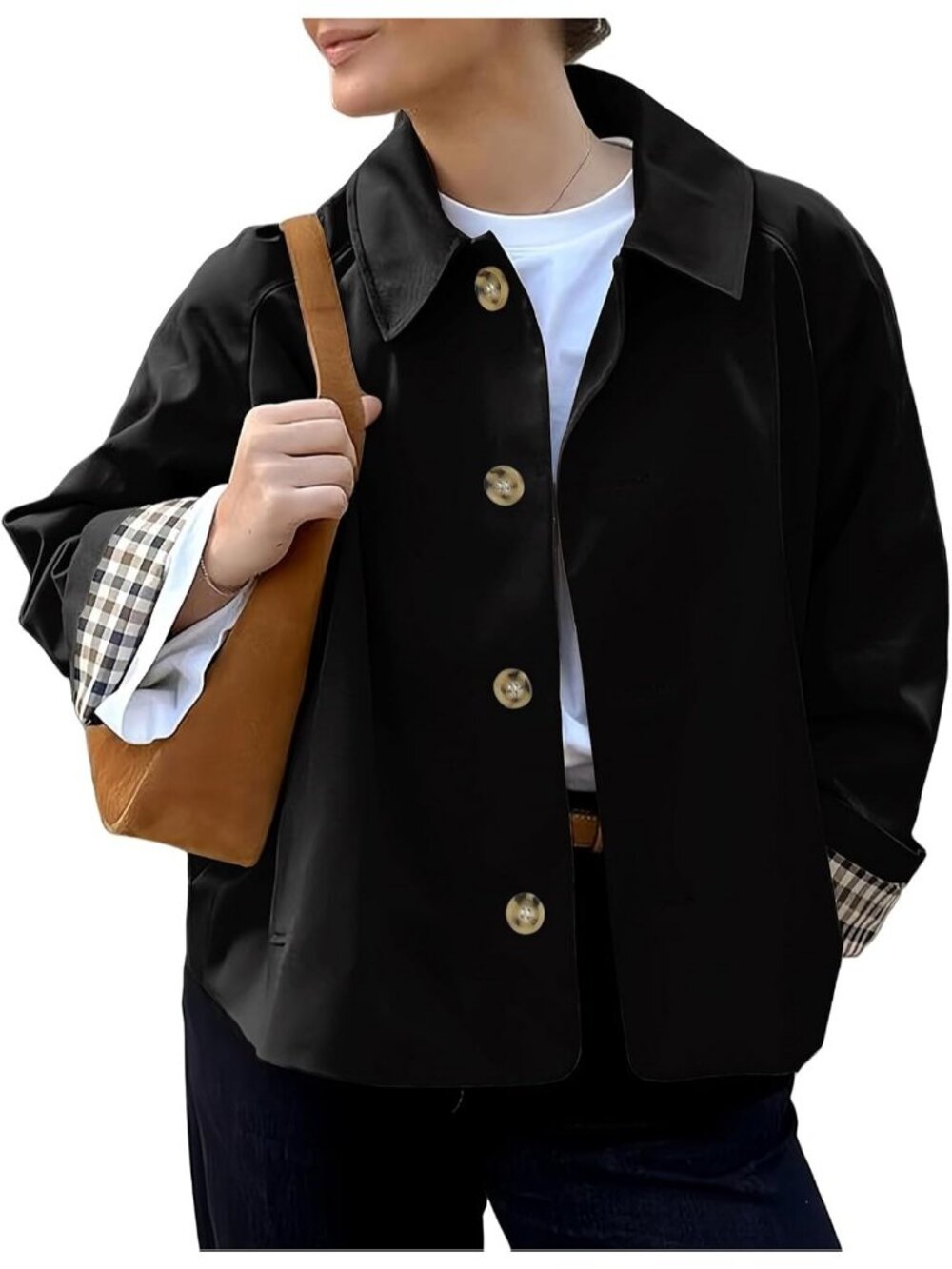 Women Black Cropped Single Breasted Button Front Plaid Cuff Lining Trench Coat